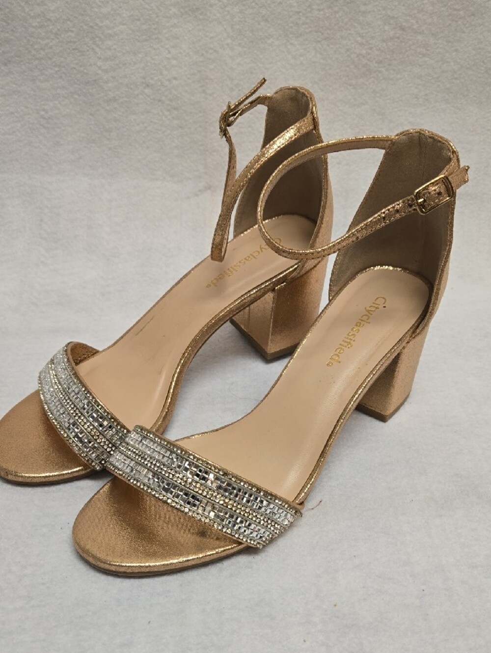 Cityclassified Metallic Gold Block Heel Sandals with Crystal-Strap